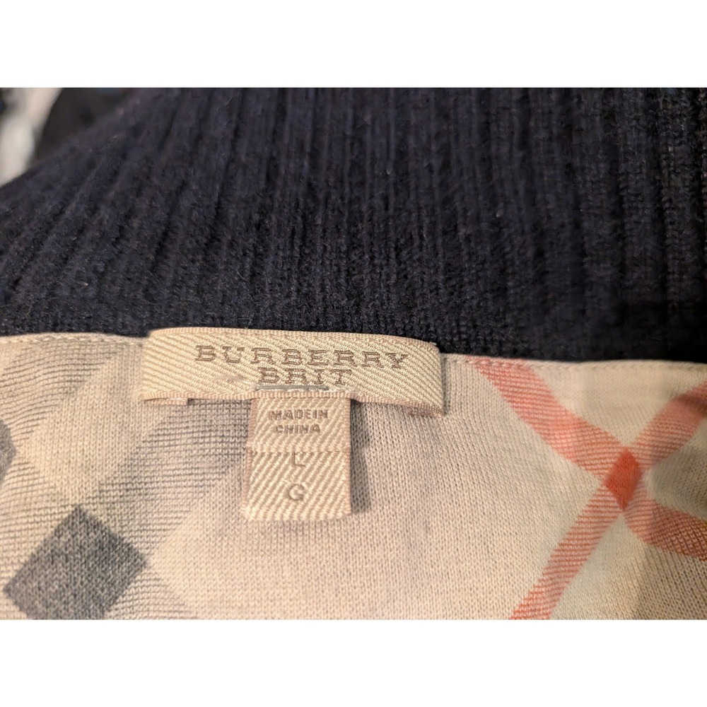 Burberry Brit Mens Navy Blue Quarter Zip Sweater Nova Check Elbow Patches Large - Picture 5 of 7